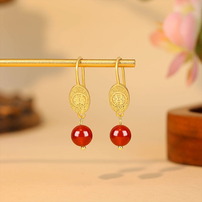 Earrings - หยกแดงธรรมชาติ ต่างหูลูกปัด เครื่องราง เครื่องประดับแท้ หรูหรา ชุบทอง