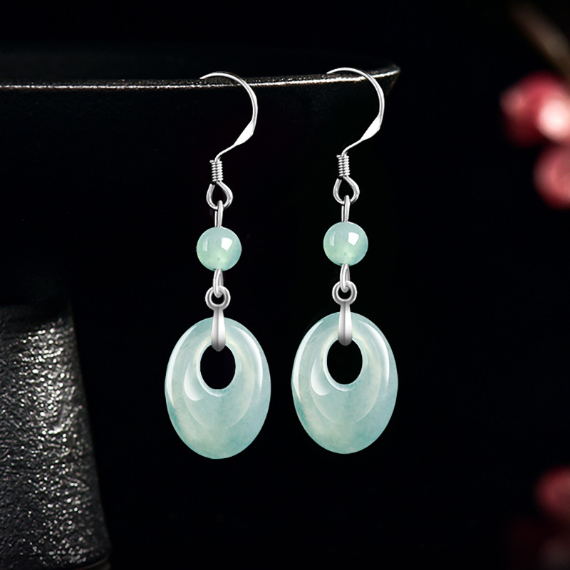 Earrings - ต่างหูแหวนหยกพม่า เงินแท้ 925 ของขวัญสำหรับผู้หญิง เครื่องประดับจากธรรมชาติ อัญมณ์แกะสลัก
