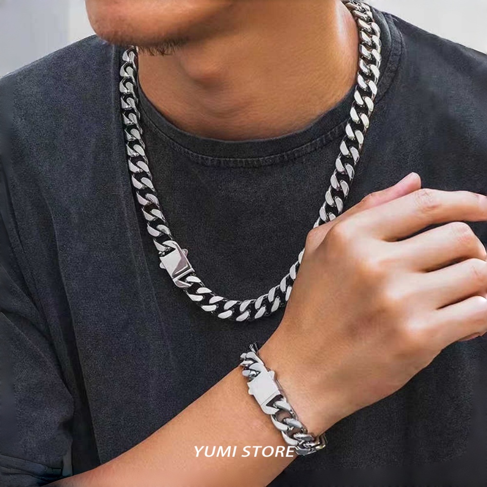 Cuban Link Chain 12Mm - สร้อยคอคิวบาแบบสปริงหัวเข็มขัดฮิปฮอป ทำจากไทเทเนียมสตีล สำหรับผู้ชายและผู้หญิง ไม่ซีดจาง สร้อยคอหนา สไตล์พังก์