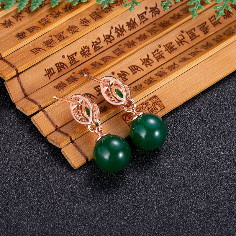 Earrings - ต่างหูลูกปัดหยกธรรมชาติเครื่องประดับแฟชั่นแกะสลักอัญมณีแท้ต่างหูสตั๊ดหินหรูหราชุบทองคำสีกุหลาบ